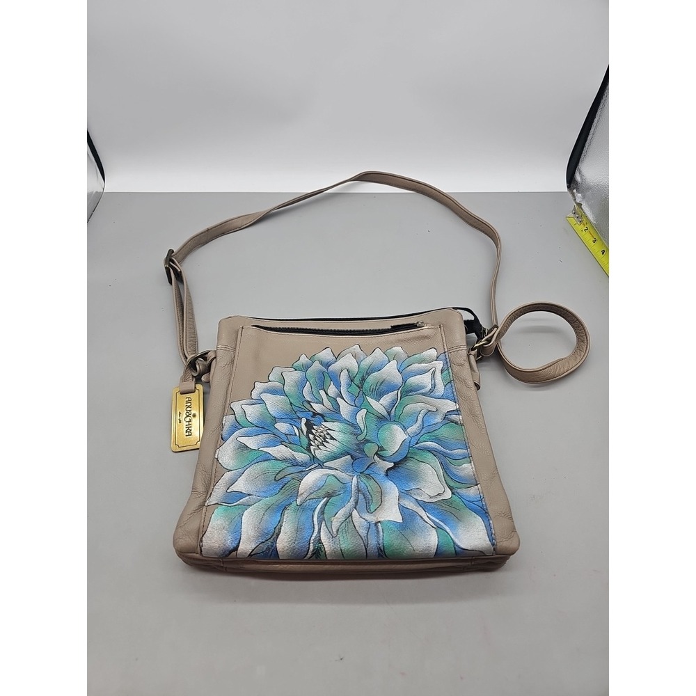 Anuschka Hand Painted Leather Triple Compartment Floral Tulip Crossbody Bag